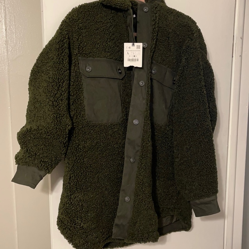 Green fuzzy button up jacket